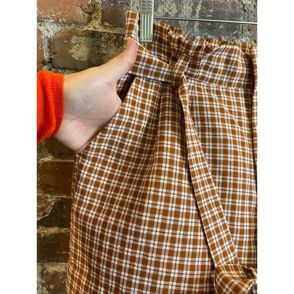 LOTTIE MOSS • Burnt Orange Brown/White Plaid High Waist Belted Paper Bag Shorts - Picture 9 of 11